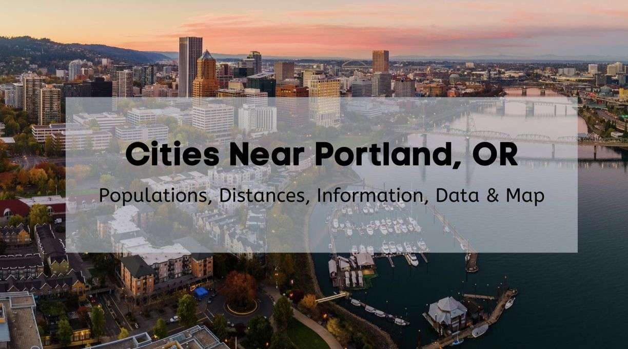Birds eye view of the Portland Oregon skyline and some of the surrounding area.