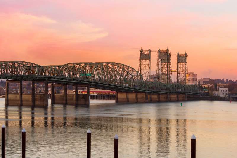 Interstate Bridge Over Columbia River at Sunset.