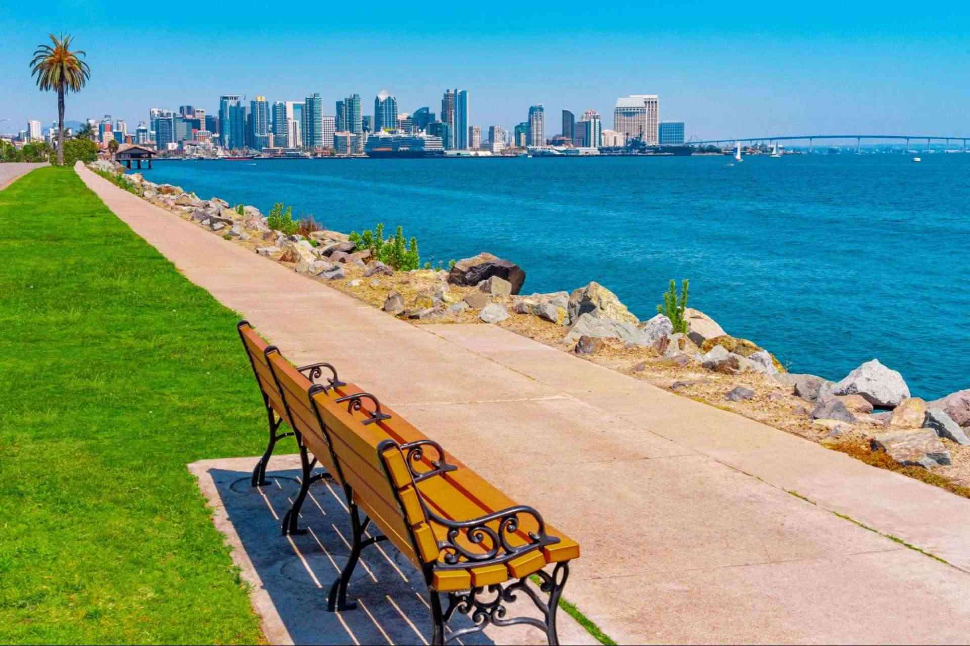 sidewalk lining the waterfront of San Diego with Downtown San Diego in the background