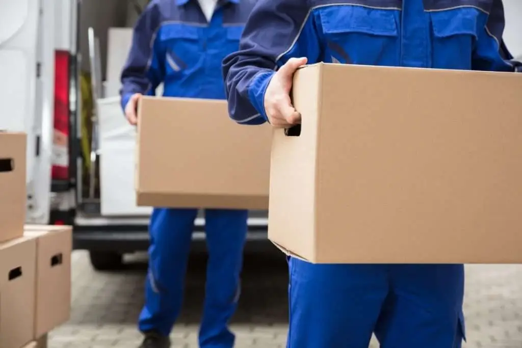Two Houston movers in blue jumpsuits carrying boxes 