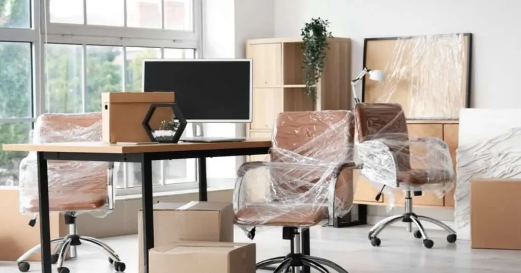 An office in Prairie View, Texas, that was professionally wrapped and packed by movers. 