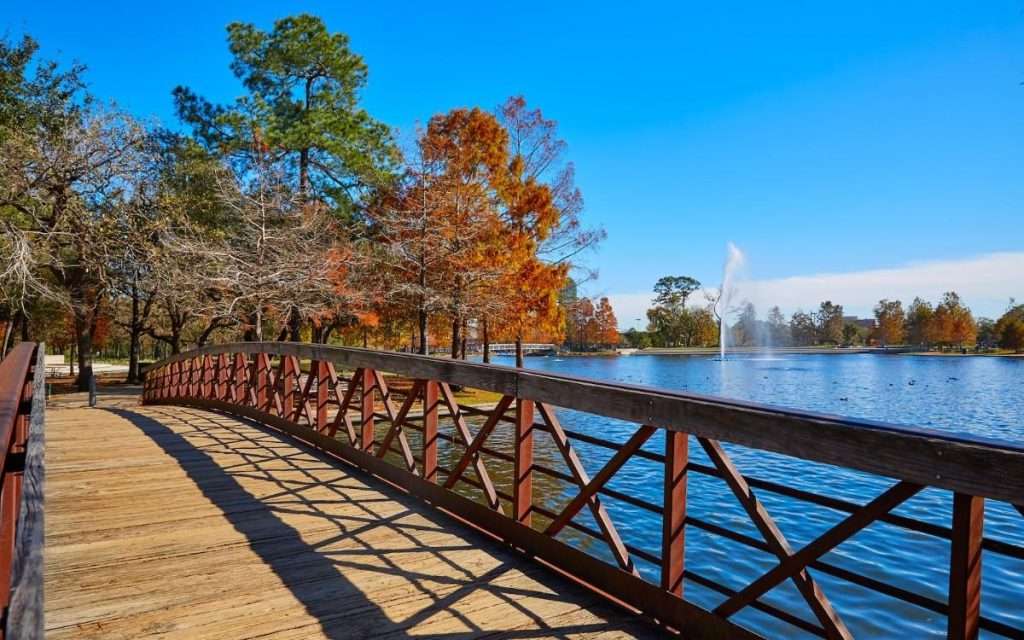 A walkway next to McGovern Lake in Hermann Park, Houston, TX. 